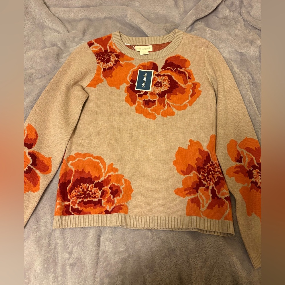 Beige and Orange Floral Sweater